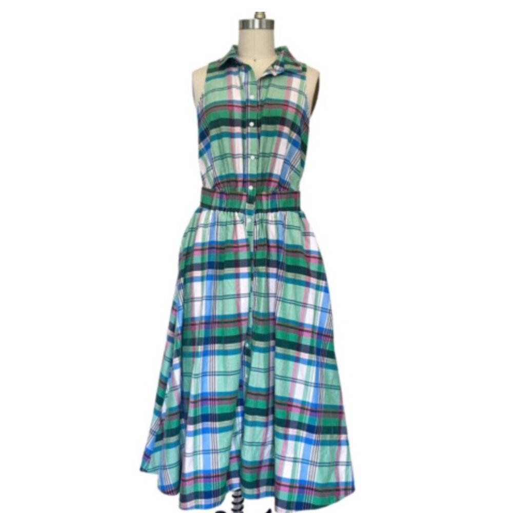 1901 Sleeveless Plaid Midi Shirt Dress in Teal, Blue, Green